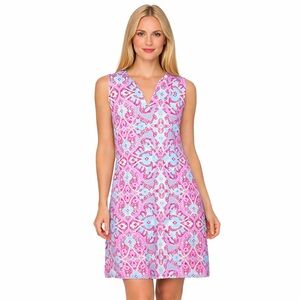 J. McLaughlin Pink Blue Print Shift Dress Catalina Cloth V-Neck Beachy Size M